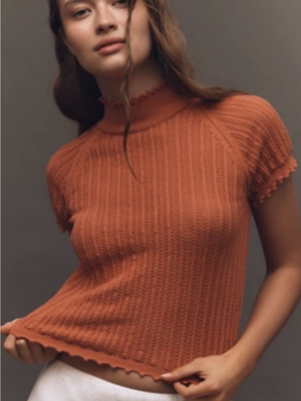 Maeve pointelle sweater tee terracotta orange